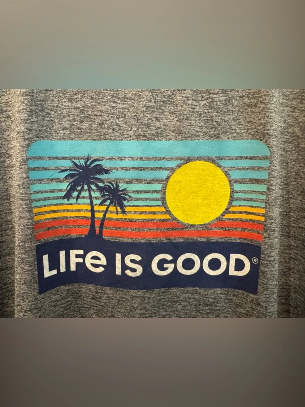 Life is Good Active Short Sleeve Tee Women’s Size M Sunset Palm Gray Heathered - Picture 3 of 7
